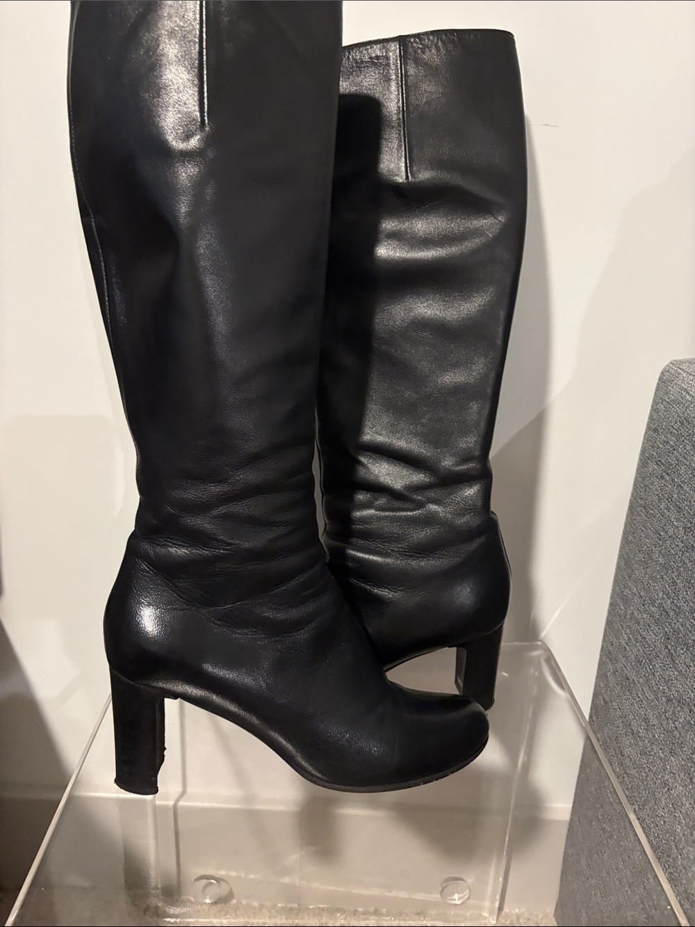 Classic Black Leather Knee-High Heeled Boots